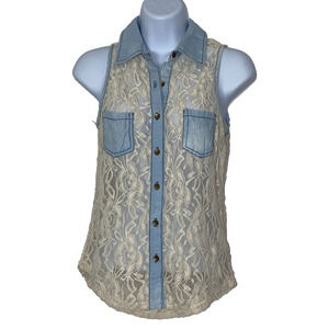 Papaya Blouse Womens Size Small Ivory Lace Blue Trim Top
